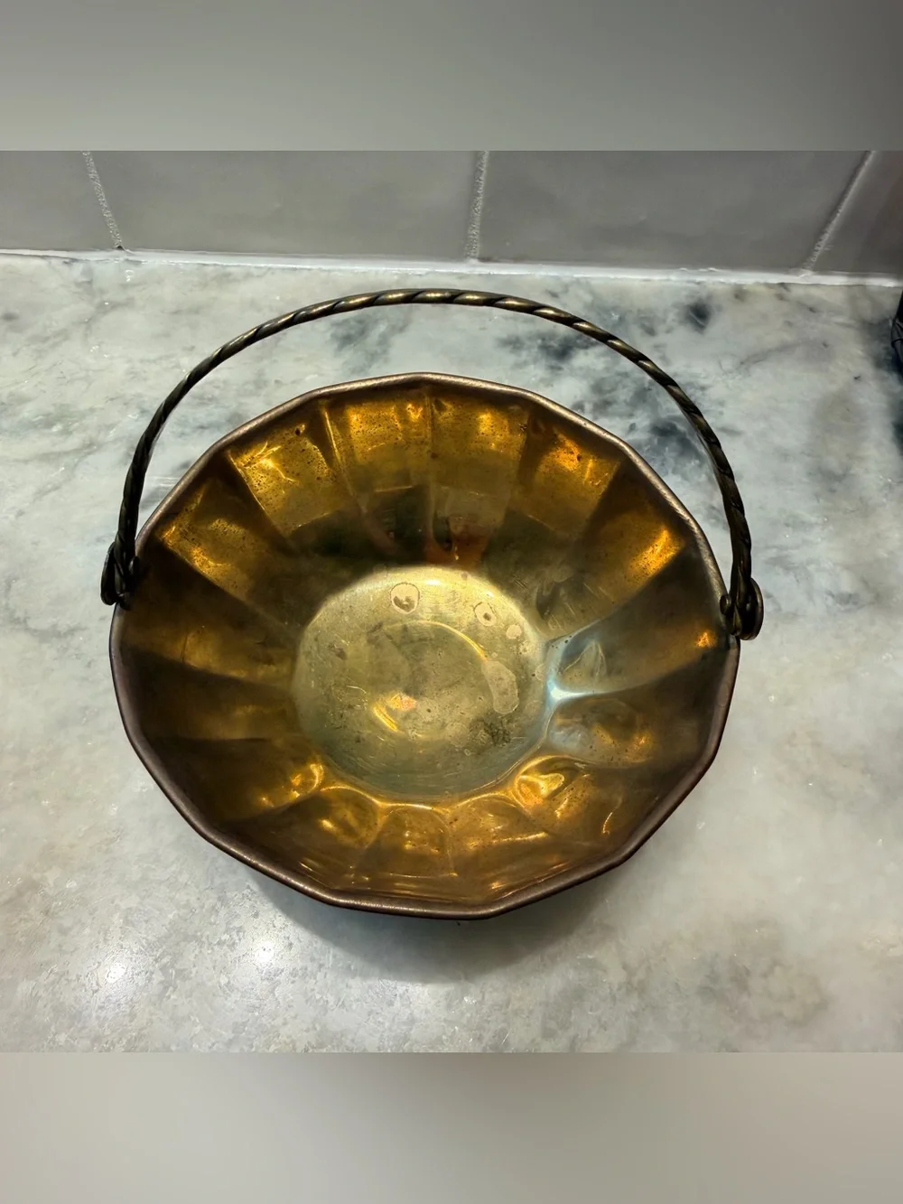 Vintage Solid Brass small basket/candy dish with handle. Patina Made in India